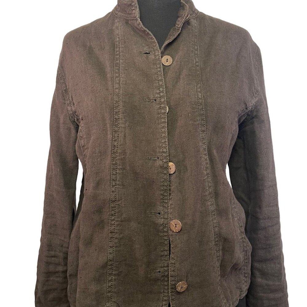 Chicos Womens Jacket Brown Size 0 100% Linen Button Down Long Sleeve Lightweight